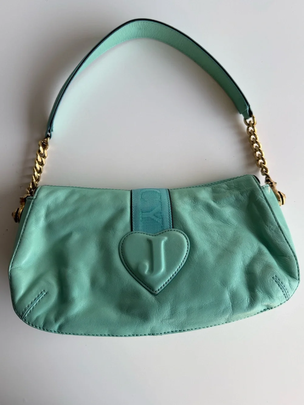 Vintage Juicy Couture Turquoise Leather Shoulder Bag Heart Mirror Y2K